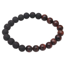 Load image into Gallery viewer, Black Lava Stone and Brown Agate Beaded Stretch Bracelet - Quiet Volcano | NOVICA
