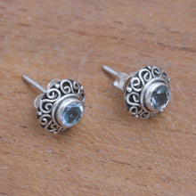 Load image into Gallery viewer, Swirl Pattern Blue Topaz Stud Earrings from Bali - God Eye | NOVICA
