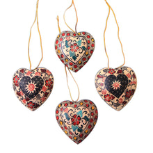 Load image into Gallery viewer, Floral Batik Wood Heart Ornaments from Java (Set of 4) - Heart Flowers | NOVICA
