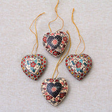 Load image into Gallery viewer, Floral Batik Wood Heart Ornaments from Java (Set of 4) - Heart Flowers | NOVICA
