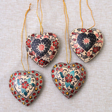 Load image into Gallery viewer, Floral Batik Wood Heart Ornaments from Java (Set of 4) - Heart Flowers | NOVICA
