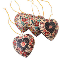 Load image into Gallery viewer, Floral Batik Wood Heart Ornaments from Java (Set of 4) - Heart Flowers | NOVICA
