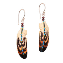 Load image into Gallery viewer, Hand Painted Bone and Amethyst Feather Dangle Earrings 'Antique Feathers'
