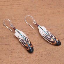 Load image into Gallery viewer, Hand Painted Bone and Amethyst Feather Dangle Earrings 'Antique Feathers'
