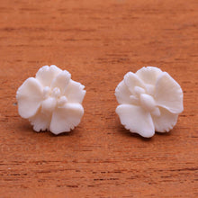 Load image into Gallery viewer, Hand-Carved Bone Orchid Button Earrings from Bali - Fantastic Orchids | NOVICA
