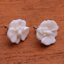 Load image into Gallery viewer, Hand-Carved Bone Orchid Button Earrings from Bali - Fantastic Orchids | NOVICA
