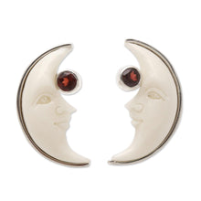Load image into Gallery viewer, Garnet Crescent Moon Button Earrings from Bali - Moon Awakening | NOVICA
