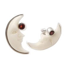 Load image into Gallery viewer, Garnet Crescent Moon Button Earrings from Bali - Moon Awakening | NOVICA
