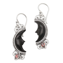 Load image into Gallery viewer, Silver and Garnet Moon Earrings with Water Buffalo Horn - Dark Crescent Moon | NOVICA
