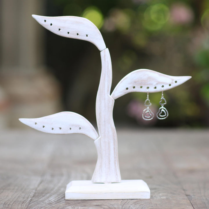 White Jempinis Wood Leaf-Themed Jewelry Holder (10 Inch) - Daun Salam in White | NOVICA