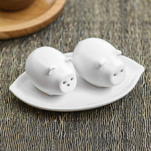 Load image into Gallery viewer, Matte White Ceramic Pig Salt and Pepper Shakers with Tray - Portly Pigs in White | NOVICA
