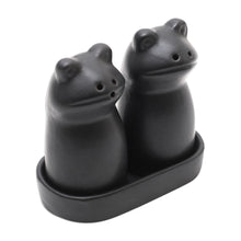 Load image into Gallery viewer, Matte Black Ceramic Frog Salt and Pepper Shakers with Tray 'Fanciful Frogs in Black'

