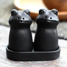 Load image into Gallery viewer, Matte Black Ceramic Frog Salt and Pepper Shakers with Tray 'Fanciful Frogs in Black'
