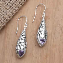 Load image into Gallery viewer, Amethyst and Blue Topaz Dangle Earrings - Dragonfly Wish | NOVICA
