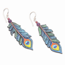 Load image into Gallery viewer, Hand-Painted Garnet and Amethyst Dangle Earrings - Krishna Feathers | NOVICA

