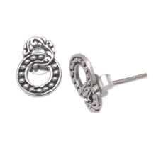 Load image into Gallery viewer, Sterling Silver Button Earrings with Balinese Motifs - Joined Rings | NOVICA
