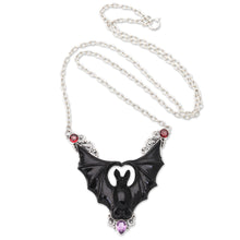 Load image into Gallery viewer, Horn Amethyst Garnet &amp; Sterling Silver Bat Pendant Necklace - Midnight Bat | NOVICA
