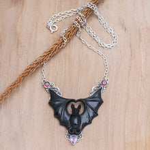 Load image into Gallery viewer, Horn Amethyst Garnet &amp; Sterling Silver Bat Pendant Necklace - Midnight Bat | NOVICA
