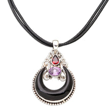 Load image into Gallery viewer, Horn Amethyst Garnet and Sterling Silver Pendant Necklace - Halloween Moon Knight | NOVICA
