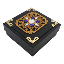 Load image into Gallery viewer, Traditional Black Decorative Box with Blue Beads and Mirrors - Blue Sunrise | NOVICA
