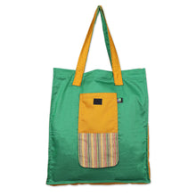 Load image into Gallery viewer, Green Foldable Cotton Tote Bag with Javanese Lurik Pattern - Green Gejayan | NOVICA
