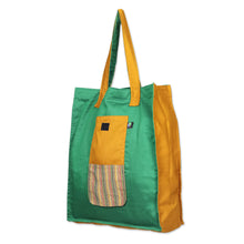 Load image into Gallery viewer, Green Foldable Cotton Tote Bag with Javanese Lurik Pattern - Green Gejayan | NOVICA
