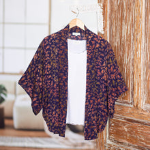 Load image into Gallery viewer, Batik Kimono Jacket in Blue Purple &amp; Brown with Leaf Motifs - Kintamani | NOVICA
