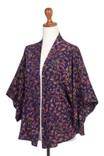 Load image into Gallery viewer, Batik Kimono Jacket in Blue Purple &amp; Brown with Leaf Motifs - Kintamani | NOVICA
