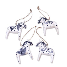 Load image into Gallery viewer, 4 Wood White Dala Horse Ornaments Carved &amp; Painted by Hand - Dala Courage | NOVICA
