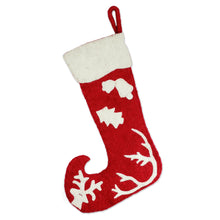 Load image into Gallery viewer, Red and White Wool Applique Christmas Stocking - Holiday Spirit | NOVICA
