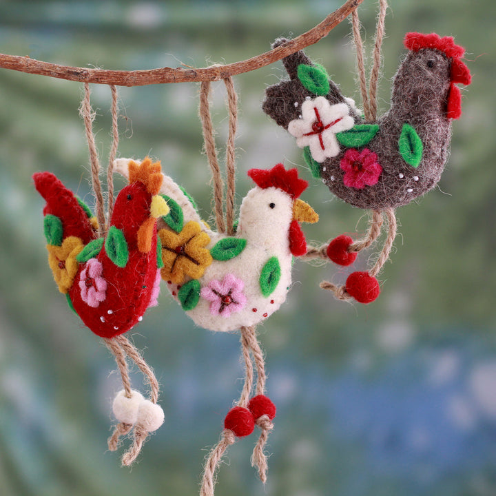 Handcrafted Wool Felt Ornaments from India (set of 3) - Three French Hens | NOVICA