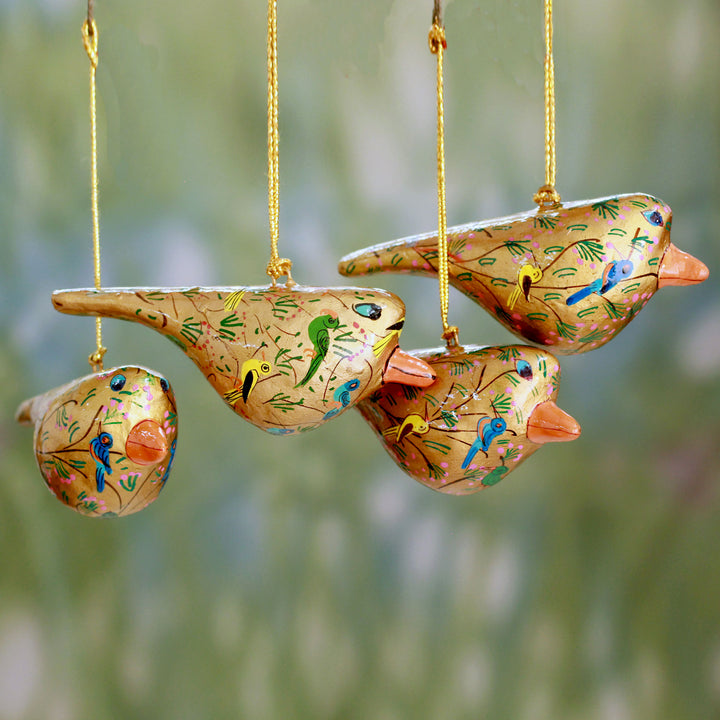 Handcrafted Golden Papier Mache Bird Ornaments - Set of 4 - Peace and Joy