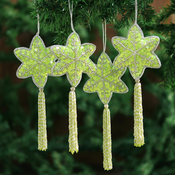 Set of 4 Handmade Beaded Sequin Christmas Ornaments - Holiday Message | NOVICA