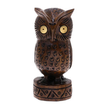 Load image into Gallery viewer, Antiqued Wood Bird Statuette Carved by Hand in India - Vigilant Owl | NOVICA
