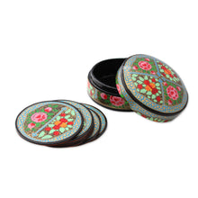 Load image into Gallery viewer, Artisan Crafted Papier Mache Coasters with Holder (Set of 6) - Kashmir Floral | NOVICA
