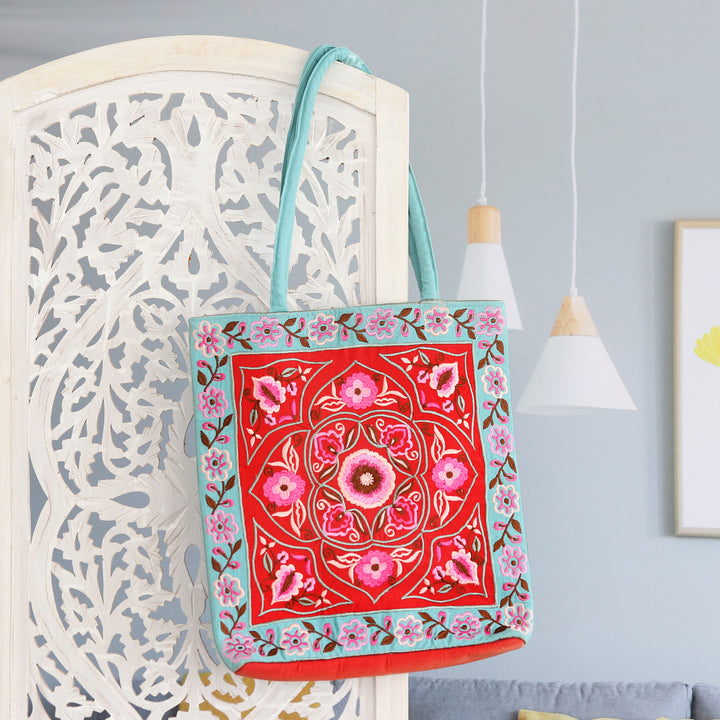 Artisan Crafted Embroidered 100% Cotton Floral Shoulder Bag - Floral Emblem