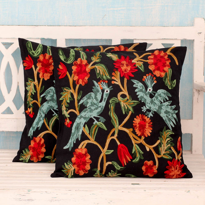 2 Black Cotton Chainstitch Embroidery Floral Cushion Covers - Blue Cockatoos | NOVICA