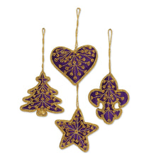 Load image into Gallery viewer, Set of Four Zari Embroidered Purple Ornaments from India - Purple Christmas | NOVICA

