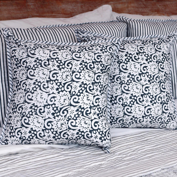 Square Cotton Cushion Covers in Grey and White Print (Pair) - Misty Morning | NOVICA