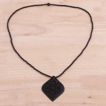 Load image into Gallery viewer, Beaded Ebony Wood Necklace with Hand Carved Leaf Pendant - Mughal Delight | NOVICA
