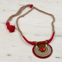 Load image into Gallery viewer, Ceramic and Cotton Pendant Necklace in Red from India - Ancient Glow | NOVICA
