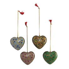 Load image into Gallery viewer, Four Heart Shaped Holiday Ornaments in Papier Mache - Heartfelt Holiday | NOVICA
