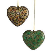 Load image into Gallery viewer, Four Heart Shaped Holiday Ornaments in Papier Mache - Heartfelt Holiday | NOVICA

