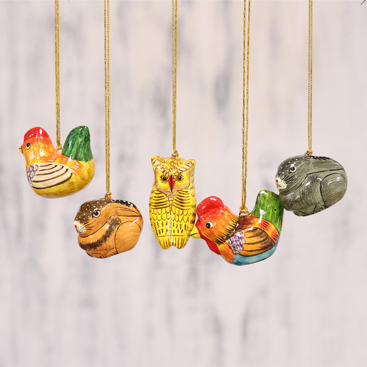 Five Animal-Themed Papier Mache Ornaments from India - Animal Harmony | NOVICA