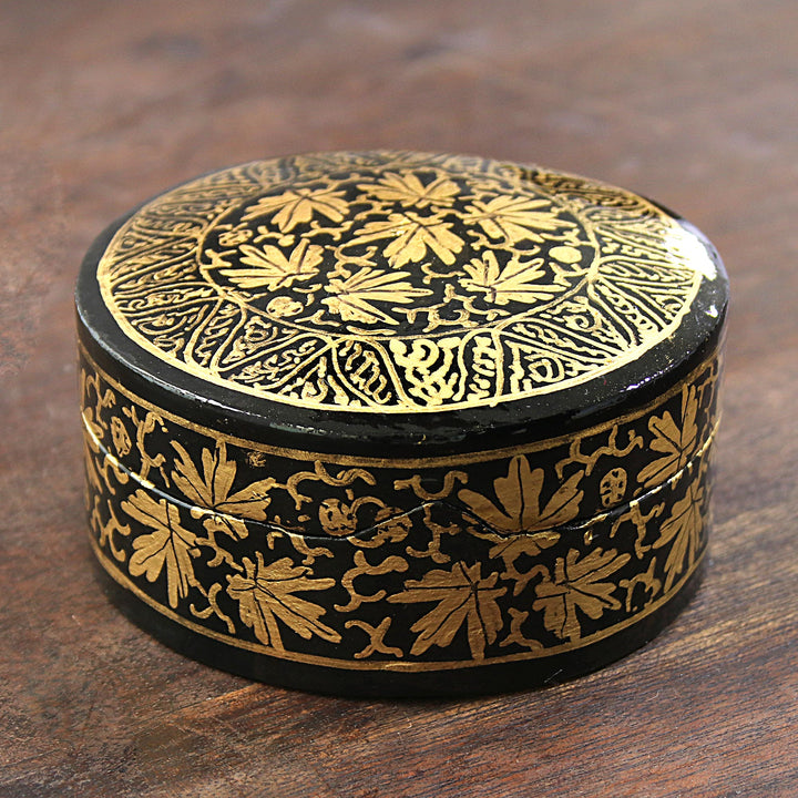 Hand-Painted Black and Metallic Gold Round Decorative Box - Midnight Beauty