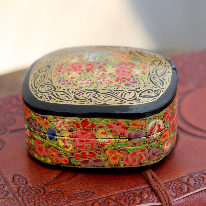 Hand-Painted Floral and Metallic Gold Decorative Box - Cheerful Flare | NOVICA