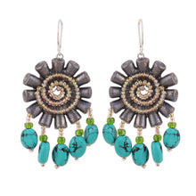 Load image into Gallery viewer, Handmade Recycled Paper and Glass Bead Chandelier Earrings - Floral Twirl

