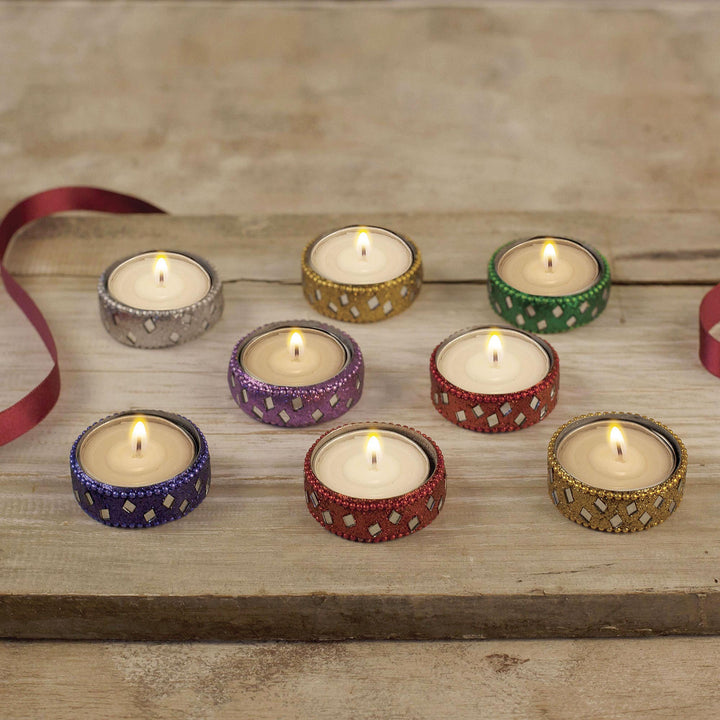 Sparkling Assorted Colors Resin-Coated Tea Lights - Set of 8 - Festive Colors