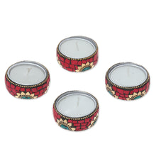 Load image into Gallery viewer, Floral Brass and Resin Tealight Holders in Red (Set of 4) - Floral Glow in Red | NOVICA
