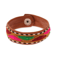 Load image into Gallery viewer, Embroidered Leather Wristband Bracelet from India - Vibrant Waves | NOVICA
